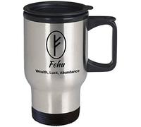 Fehu Rune Viking Rune Stone Divination Themed 14 oz Silver Travel Mug