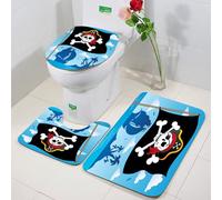 FEHWI 3 Piece Non-Slip Bath Mat Set,Luxury Thick Microfiber Shaggy Bathroom Rugs,Machine Washable Quick Dry Rugs,Absorbent,Pirate, Danger sign Beware of pirate skull with hat