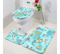 FEHWI 3 Piece Non-Slip Bath Mat Set,Luxury Thick Microfiber Shaggy Bathroom Rugs,Machine Washable Quick Dry Rugs,Absorbent,Colorful seamless pattern of marine life and mermaids, cartoon blue backgro