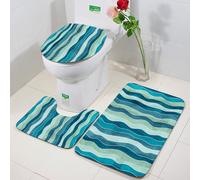 FEHWI 3 Piece Non-Slip Bath Mat Set,Luxury Thick Microfiber Shaggy Bathroom Rugs,Machine Washable Quick Dry Rugs,Absorbent,Abstract,Wave Pattern with Grunge Effect Vertical Lines Sea Inspired Design
