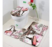 FEHWI 3 Piece Non-Slip Bath Mat Set,Luxury Thick Microfiber Shaggy Bathroom Rugs,Machine Washable Quick Dry Rugs,Absorbent,Paris watercolor Eiffel Tower, street sign, pink background