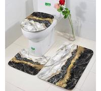 FEHWI 3 Piece Non-Slip Bath Mat Set,Luxury Thick Microfiber Shaggy Bathroom Rugs,Machine Washable Quick Dry Rugs,Absorbent,Black and white marble and gold foil decorative marble pattern with artific