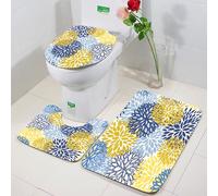 FEHWI 3 Piece Non-Slip Bath Mat Set,Luxury Thick Microfiber Shaggy Bathroom Rugs,Machine Washable Quick Dry Rugs,Absorbent,blue and yellow geometric flowers, modern decorative design is him and Sam