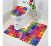 FEHWI 3 Piece Non-Slip Bath Mat Set,Luxury Thick Microfiber Shaggy Bathroom Rugs,Machine Washable Quick Dry Rugs,Absorbent,Watercolor checkered background. Rainbow colors.
