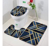 FEHWI 3 Piece Non-Slip Bath Mat Set,Luxury Thick Microfiber Shaggy Bathroom Rugs,Machine Washable Quick Dry Rugs,Absorbent,Geometric Abstract Gold Stripes Marble Dark Blue Navy Fashion