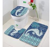 FEHWI 3 Piece Non-Slip Bath Mat Set,Luxury Thick Microfiber Shaggy Bathroom Rugs,Machine Washable Quick Dry Rugs,Absorbent,l art, graceful seahorse on blue background with complex circular patterns