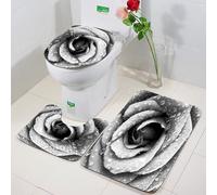 FEHWI 3 Piece Non-Slip Bath Mat Set,Luxury Thick Microfiber Shaggy Bathroom Rugs,Machine Washable Quick Dry Rugs,Absorbent,Black and white roses with water drops on black background