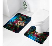 FEHWI Luxury 2 Piece Bath Mat Set Non Slip Ultra Soft Bathroom Mats Water Absorbent Bath Mats Machine Washable Rug Toilet Mat,human skull with red rose sand black and address, red rose son T and sku