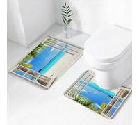 FEHWI Luxury 2 Piece Bath Mat Set Non Slip Ultra Soft Bathroom Mats Water Absorbent Bath Mats Machine Washable Rug Toilet Mat,Tropical beach view with windows. Quiet coastal, idyllic beach palm