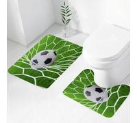 FEHWI Luxury 2 Piece Bath Mat Set Non Slip Ultra Soft Bathroom Mats Water Absorbent Bath Mats Machine Washable Rug Toilet Mat,Soccer football in Goal net with green grass field