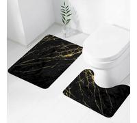 FEHWI Luxury 2 Piece Bath Mat Set Non Slip Ultra Soft Bathroom Mats Water Absorbent Bath Mats Machine Washable Rug Toilet Mat,Black and Gold Marble Design Artwork Oil