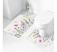 FEHWI Luxury 2 Piece Bath Mat Set Non Slip Ultra Soft Bathroom Mats Water Absorbent Bath Mats Machine Washable Rug Toilet Mat,Wildflowers green wild plants and flying butterfly floral seamless patte