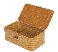 FEIALNDUO Wicker Shelf Baskets with Lid,Seagrass Storage Basket Bins Rectangular Handwoven Basket Boxes for Shelves Desktop Home Organizer (Natural, X-Small)