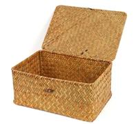 FEIALNDUO Wicker Shelf Baskets with Lid,Seagrass Storage Basket Bins Rectangular Handwoven Basket Boxes for Shelves Desktop Home Organizer (Natural, Large)