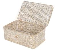 FEIALNDUO Wicker Shelf Baskets with Lid,Seagrass Storage Basket Bins Rectangular Handwoven Basket Boxes for Shelves Desktop Home Organizer (Whitewash, Small)