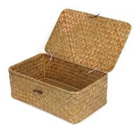 FEIALNDUO Wicker Shelf Baskets with Lid,Seagrass Storage Basket Bins Rectangular Handwoven Basket Boxes for Shelves Desktop Home Organizer (Natural, Small)