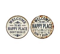 FeiatPogra 2 PCS 7.9x7.9 Inch Vintage Metal Plaque - "Welcome to My Happy Place" Round Metal Sign, Outdoor Garden Sign & Front Door Decor Sign for Home, Cafe, Bar