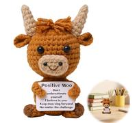 FeiatPogra Positive Crochet Highland Cow with Affirmation Card - Scottish Highland Cow Plush for Emotional Support, Good Luck Pocket Hug Gift for Women Men, Friends, Birthday, Christmas, Desk Decor