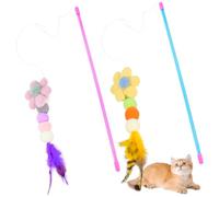 Feibety 2Pcs Cat Feather Wand Toys with Bell and Flower Plush Balls,Colourful Interactive Kitten Teaser Pet Toy Wire Chaser Wand Teaser Feather for Cat Indoor Playing Exercising Training