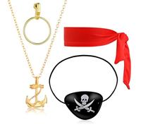 Feibety 4Pcs Pirate Costume Accessories Set Included Hoop Earrings,Skull Eye Patches,Head Scarf Red Bandana Necklace,Vintage Pirate Captain Cosplay Dress Up Set for Halloween and Party