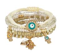 Feibety Bohemian Evil Eye Bracelets,Multilayer Evil Eye Hand Bracelet,Multicolor Crystal Beaded Lucky Protection Bangles Strand Bracelet Boho Tassel Pendant Bracelets Elastic Travel Souvenir
