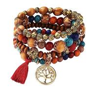 Feibety Boho Beaded Bracelet,4-Pack Multi-Layer Bohemian Wooden Beaded Bracelet,Elastic Tassel Tourist Souvenir Tree Of Life Women Bracelet Set Can Be Stacked Or Worn Alone