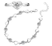 Feibety Silver Bracelet for Women,925 Sterling Silver Love Heart Shiny Crystal Diamond Adjustable Heart Bracelet Sterling Silver Zirconia Adjustable Silver Bracelets for Women Girl