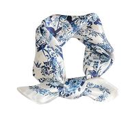 FEIBOON Mulberry Silk Scarf 21"x21" Small Square Scarf, Women's Gift Packed, White and Blue Flowers