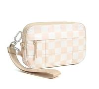 FEIBOON Small Crossbody Bags for Women Nylon Quilted Wristlet Wallets with 4 Zipper Carry All Purse Credit Card Holder, Beige Checkered