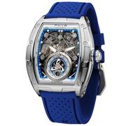 FEICE FM503 Blue Watches for Men Automatic Skeleton Waterproof Blue Coated Mineral Glass Custom Movement F1 Racing Wristwatch Liquid Silicone Watch Strap Ergonomic Design Durable for Daily Wear Gift