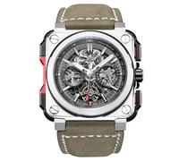 FEICE FM507 Men’s Automatic Skeleton Watch Mechanical Calendar Mens Wristwatch Brown Leather Strap Square Sport Luminous Clock Watches 10ATM Waterproof Sport Watches for Men.