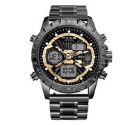 FEICE Men's Sport Luxury Chronograph Watch - Military-Style Digital Analog Quartz Wristwatch with Stainless Steel Band, 3ATM Waterproof, Backlight, Dual Time Zones, and Alarm - FK817 Black, Black,