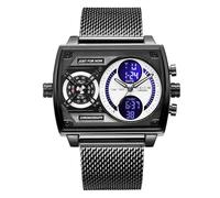 FEICE Mens Square Qaurtz Watches-Big Face Two Time Zone, Waterproof Chronograph, Alarm, Date, Stainless Steel Band Digital Analog Watch for Men, Black