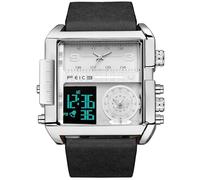 FEICE Wathes for Men Digital LED Analog Quartz Wristwatch Business Men’s Watch Multifunction Square Chronograph 24H Calendar Leather Band Unique FK030 Black, Black, Retro