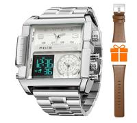 FEICE Wathes for Men Digital LED Analog Quartz Wristwatch Business Men’s Watch Multifunction Square Chronograph 24H Calendar Leather Band Unique FK030, Multicolor, Retro
