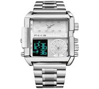 FEICE Wathes for Men Digital LED Analog Quartz Wristwatch Business Men’s Watch Multifunction Square Chronograph 24H Calendar Leather Band Unique FK030, Brown, Retro