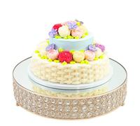FEICTPOX Metal Cake Stand with Mirror Top Plate Beaded Crystal Display Cake Pedestal,Baking Party Supplies Centerpiece,Gold 16 Inch