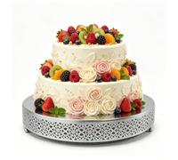 FEICTPOX Round Metal Cake Stand for Cupcakes, Desserts, Cookies, Fruits, Decorative Serving Tray for Wedding, Birthday, Baby Shower, Anniversary (16 inches, Silver)