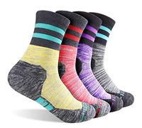 FEIDEER 4 Pairs Womens Hiking Walking Outdoor Recreation Socks Wicking Cushion Crew Socks, Dark Gray/Purple/Light Red/Light Yellow, Large