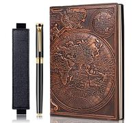 FEIDIAO Vintage Map Embossed Leather Notebook Travel Journal,A5 Writing Journal,Diary Notebook, Antique Handmade,Lined Hardcover,with Black Ballpoint Pen and Pen Sleeve,Writing Gift(Red Copper)