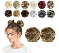 FeidyLong 2 Pieces Messy Bun Hair Piece Wavy Curly Synthetic Hair Chignon Ponytail Hair Extension Thick Updo Hairpiece for Women and Girls (Ash Blonde Mix, Ginger Brown