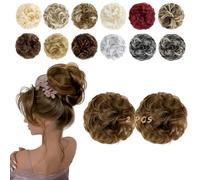 FeidyLong 2 Pieces Messy Bun Hair Piece Wavy Curly Synthetic Hair Chignon Ponytail Hair Extension Thick Updo Hairpiece for Women Girls Ginger Brown