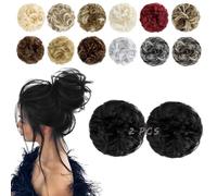 FeidyLong 2 Pieces Messy Bun Hair Piece Wavy Curly Synthetic Hair Chignon Ponytail Hair Extension Thick Updo Hairpiece for Women and Girls (Dark Black)