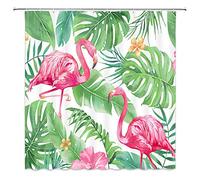 Feierman Pink Flamingo Shower Curtain Decor Green Tropical Jungle Fabric Bathroom Curtain Decor Set with Hooks 70x70Inches