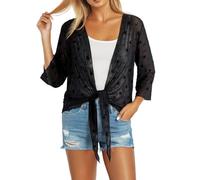 Feiersi Womens Thin Sheer Shrug 3/4 Sleeve Mesh Bolero Tie Front Cropped Cardigan, 06 Starry Moon Black, L