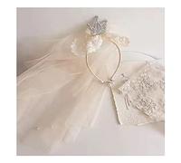 FEIFEI’S BOW Princess Lace Crown Headband with long headdress tulle veil Pearls, Fancy Party Girl Kids Costume Headdress Hairband Photo Prop Flower girl Wedding, Engagement (Ivory)