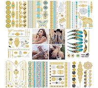 FEIFEI'S BOW 10 Sheets Women Men Gold Fashion Metallic Temporary Tattoos Waterproof Stickers Festival Fake Jewelry Tattoos Body Art (Set02)