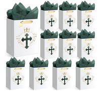 Feifeiya 12 Pcs Baptism Christian Religious Gift Bags with Tissue Paper 11"x8.2"x6" First Communion Baptism Bible Verse Art Cross Design Gift Bag for Wedding Easter Clergy Day(White)
