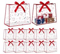 Feifeiya 12 Pcs Baseball Clear Plastic Gift Bags with Die Cut Handles and Ribbon Bow, 12.2 x 9.8 x 5.1 Inches Large Snack Goodie Bag Reusable Sport Theme Party Favor for Team Game Rookie Year Birthday