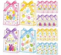 Feifeiya 16 Pcs Easter Clear Gift Bags with Handles Easter Bunny Plastic Reusable PVC Treat Bags with Bow Ribbons 7x10x3.15'' Candy Goodie Bag for Spring Birthday Holiday Party Supplies